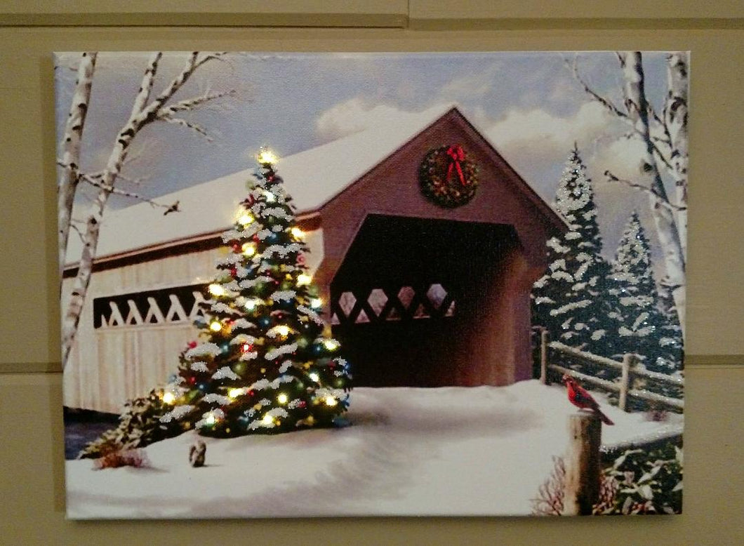 Covered Bridge with Christmas Tree Canvas